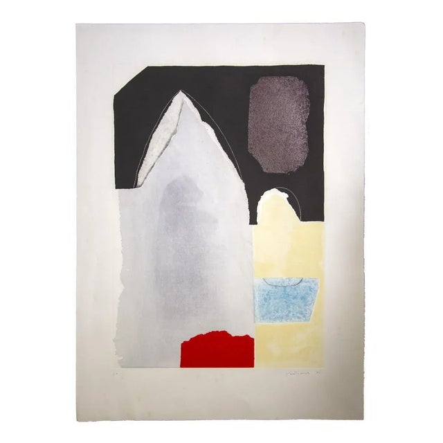 Composition is an abstract color lithograph realized by Giuseppe Santomaso. Hand-signed and dated on the lower right 1983....