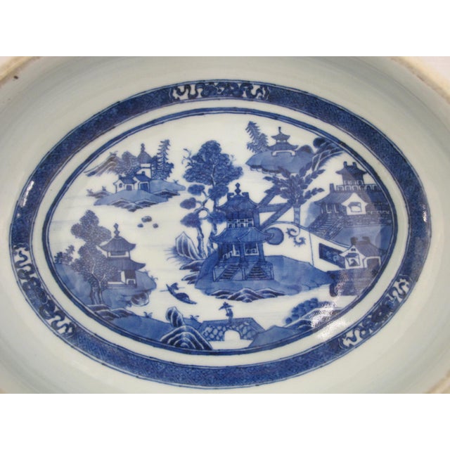 Chinese Export Canton Blue Nanking Village Armorial Porcelain Serving Bowl For Sale - Image 12 of 14