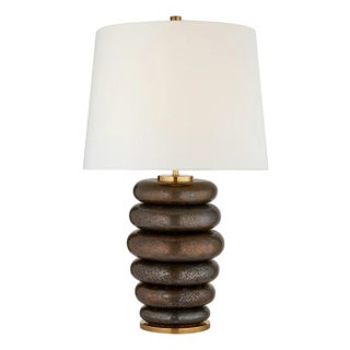 Kelly Wearstler by Visual Comfort Signature Phoebe Cordless Stacked Table Lamp in Crystal Bronze with Linen Shade For Sale
