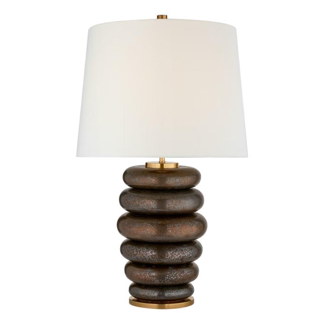 Kelly Wearstler by Visual Comfort Signature Phoebe Cordless Stacked Table Lamp in Crystal Bronze with Linen Shade For Sale