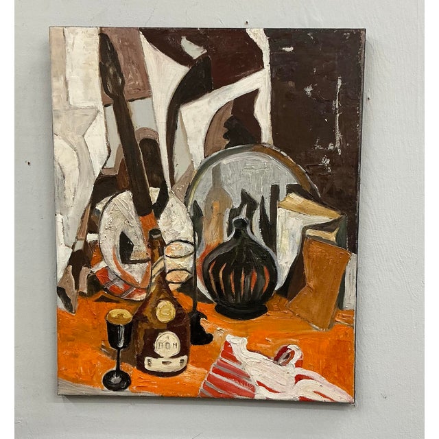 Great Midcentury oil on canvas cubist still life in shades of orange and brown. New stretcher. Not signet.