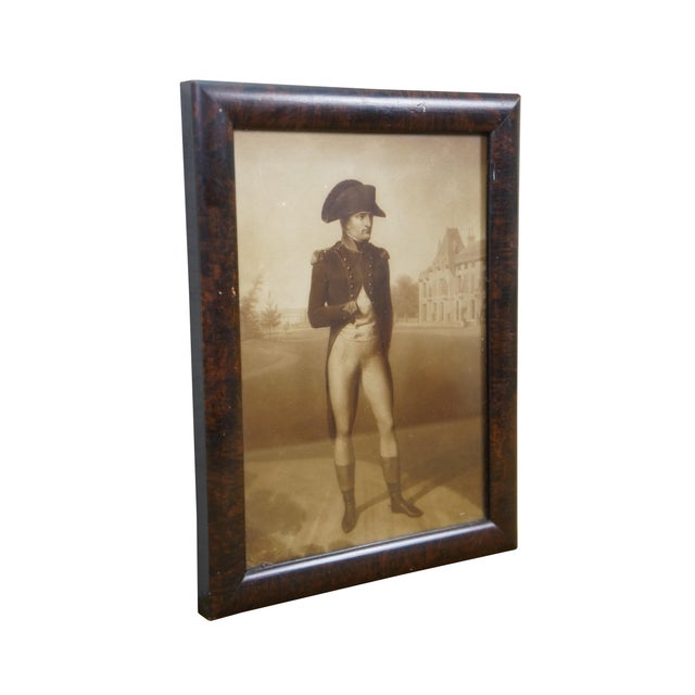 French Antique Napoleon Bonaparte 1769-1821 First Consul at Malmaison Print Burl Frame For Sale - Image 3 of 9