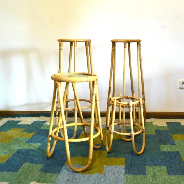 Vintage Bamboo Flower Stands Set of 4 : height 70 cm width 30 cm table diameter 24 cm -2 large pieces height 50cm width 30...