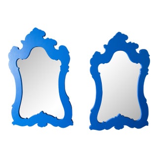 Pair Chinoiserie or Moroccan Blue Painted Wood Framed Mirrors, 1980s For Sale