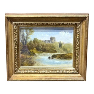 19th Century English Landscape Oil Painting With Castle and River For Sale