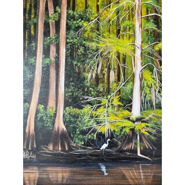 2000 - 2009 Vintage J. H Riley “Sunlit Cypress” Impressionist Acrylic on Canvas Painting, Framed For Sale - Image 5 of 12