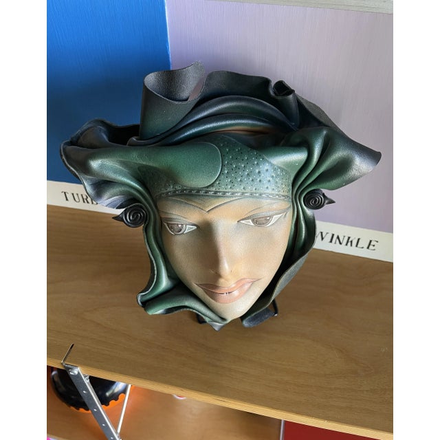 Animal Skin Vintage Doug Gibson Signed Hand Formed Painted Leather Face Sculpture Postmodern Wall Mask For Sale - Image 7 of 11