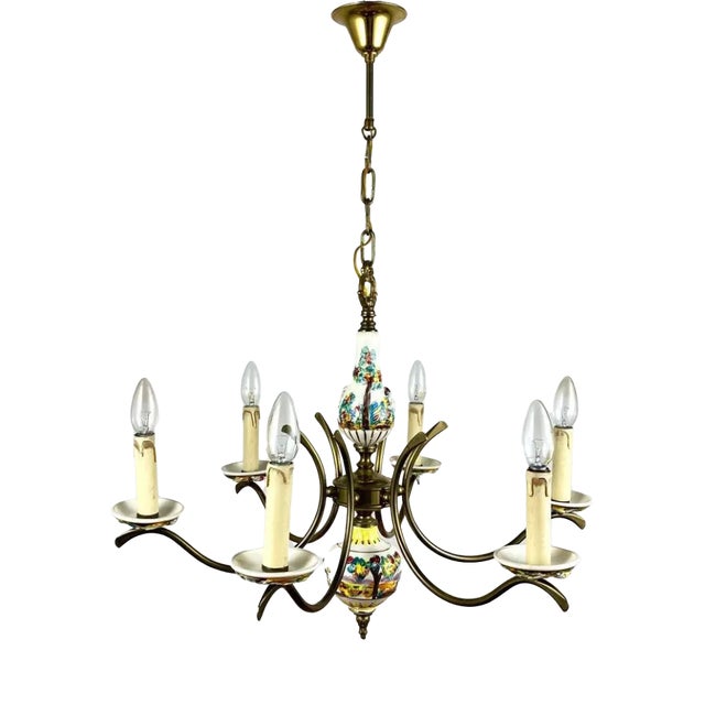 Capodimonte Hand-Painted Porcelain & Brass Chandelier For Sale