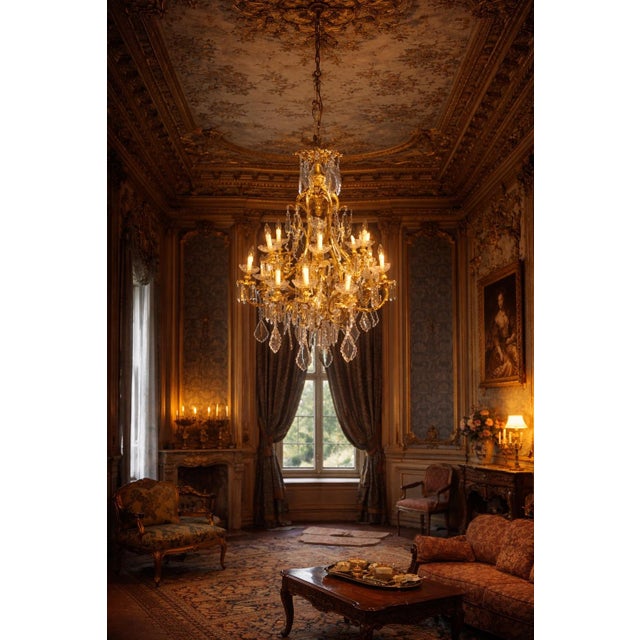 French Mid 20th Century French Louis XVI Gold Bronze Chandelier For Sale - Image 3 of 17