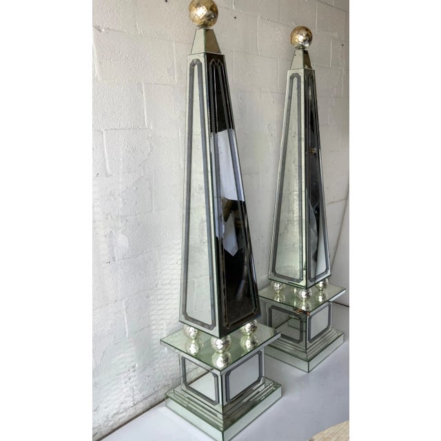 Spectacular pair of huge mirrored obelisks, 2 tone mirror, normal and distressed.