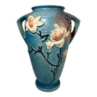 1940s Vintage Roseville Pottery Blue Magnolia Vase Two-Handled Large 18.5"h For Sale