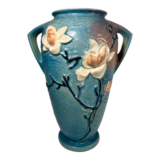 1940s Vintage Roseville Pottery Blue Magnolia Vase Two-Handled Large 18.5"h For Sale