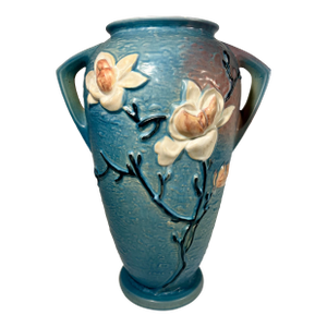1940s Vintage Roseville Pottery Blue Magnolia Vase Two-Handled Large 18.5"h