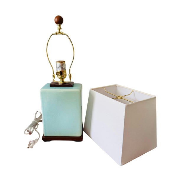 Celadon Pair of Lauren Ralph Lauren Celadon Crackle Glazed Porcelain Table Lamps | Coastal Modern Transitional Lighting With Original Shades For Sale - Image 8 of 15