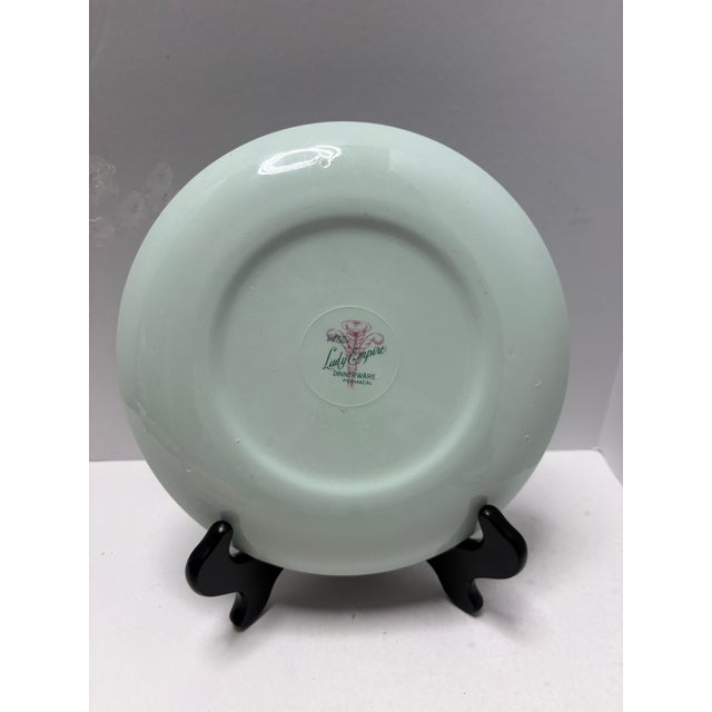 Mid 20th Century Celadon Green Lady Empire “Permacal” Dinner Plates – Set of 4 Botanical Silver Rim For Sale - Image 4 of 6