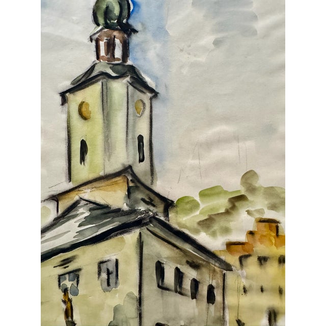 Rustic Henry Emil Salloch Original Watercolor on Paper European Town Square, 1935. For Sale - Image 3 of 6