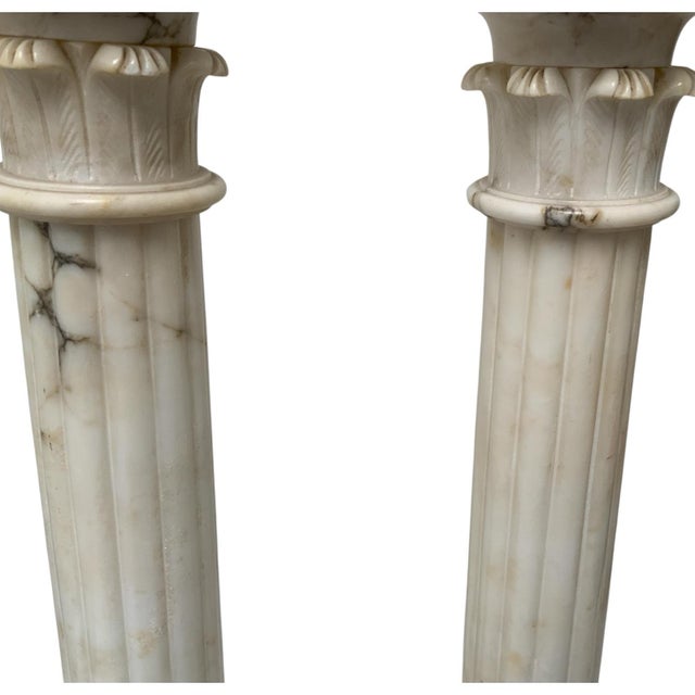 Fine Pair of Vintage Italian Neoclassical Alabaster Column Table Lamps with Laurel Wreath Finials c. Made in Italy...