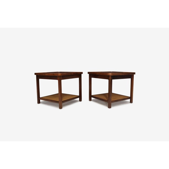 Wood Mid 20th Century Attribtued to Jack Cartwright for Founders Book-Matched Walnut & Cane Side Tables For Sale - Image 7 of 13