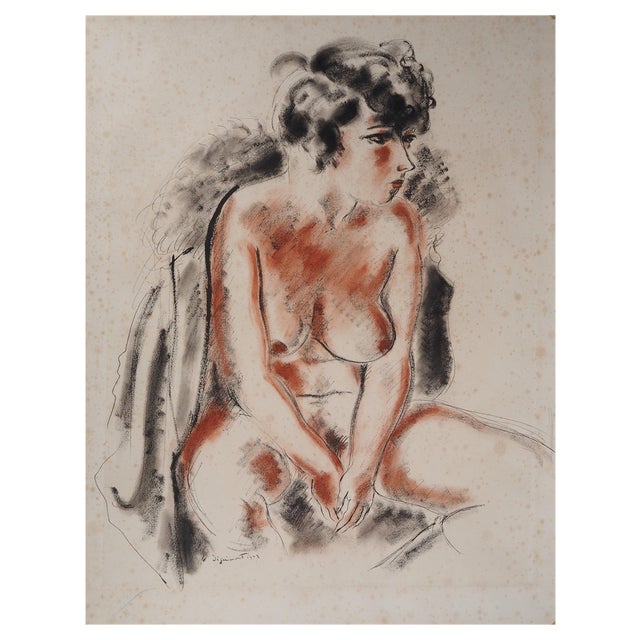 André Dignimont, Nude in a Wool Coat, Original Signed Watercolor For Sale