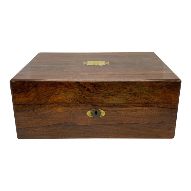 Antique Rosewood Travel Box With Brass Inlay, Complete With All Interior Items For Sale