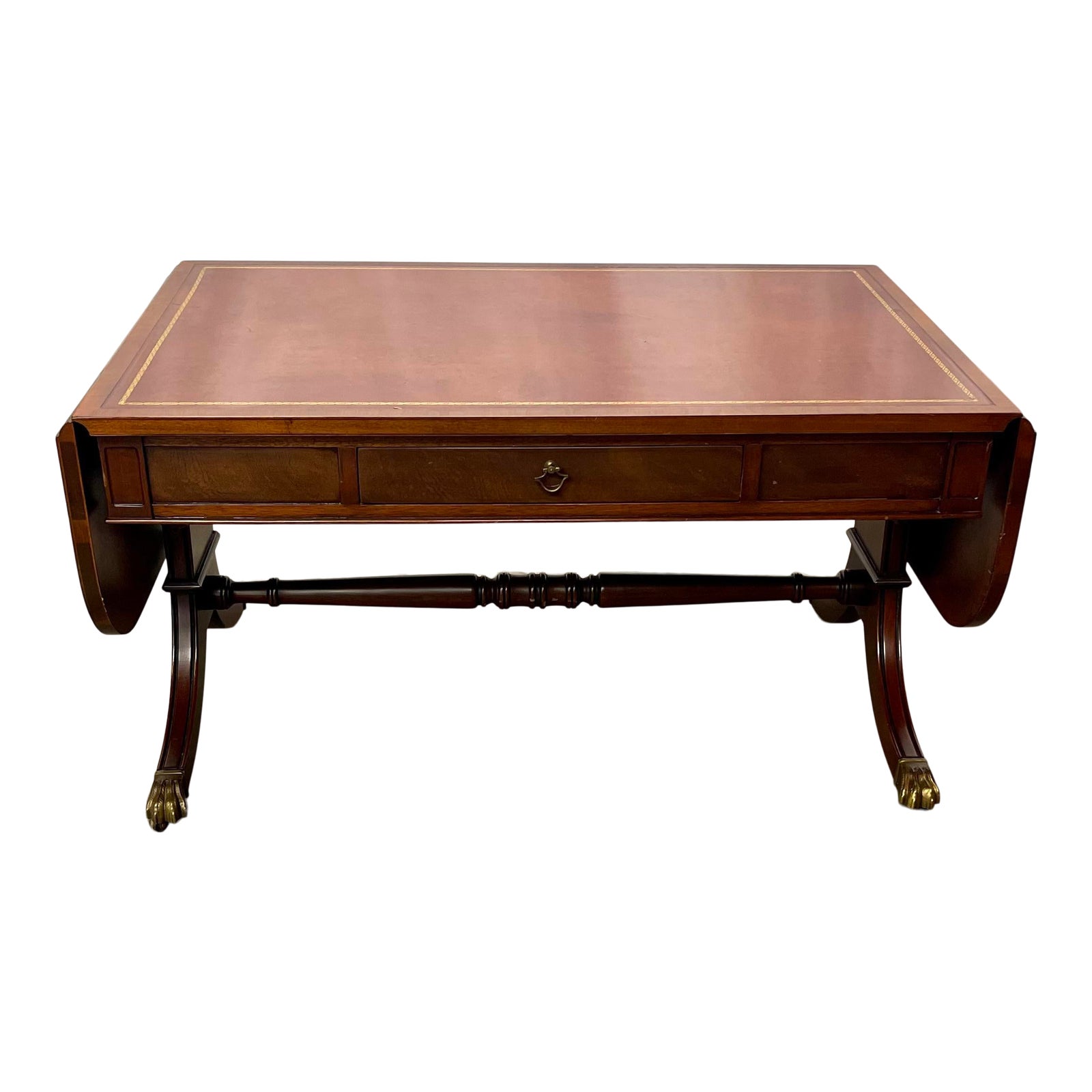 Vintage Duncan Phyfe Style Mahogany Leather Top Drop Leaf Coffee Table