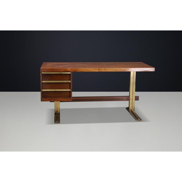 Italian Walnut Desk with Brass Base, Italy, 1950s For Sale - Image 13 of 18