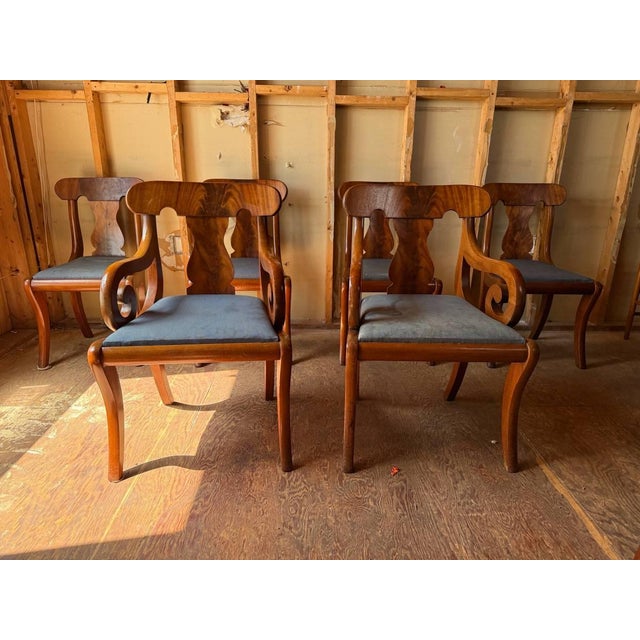 Set of 6 American Empire Style crotch flame mahogany saber leg dining chairs It features flame grain mahogany panels ,...