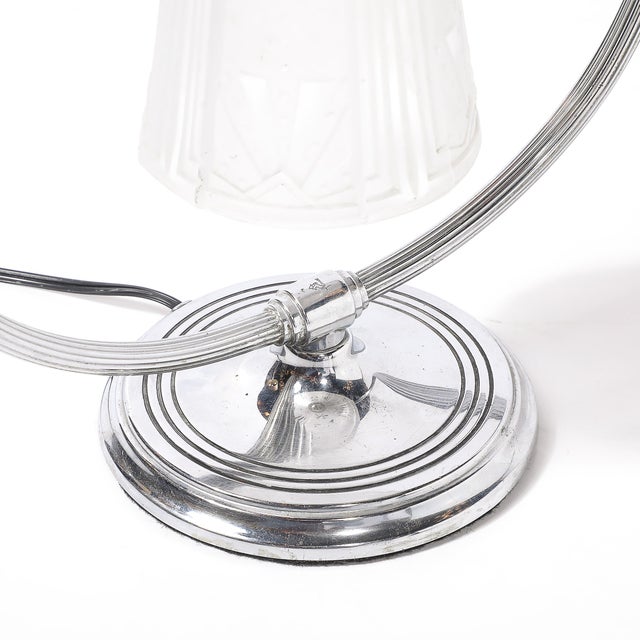 1930s Art Deco Chrome & Frosted Cubist Shade Open Form Table Lamp Signed Muller Freres For Sale - Image 13 of 15