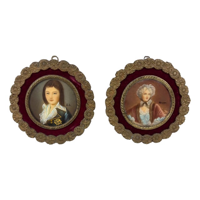 Unknown Artist, Miniature Portraits, 1950, Set of 2 For Sale