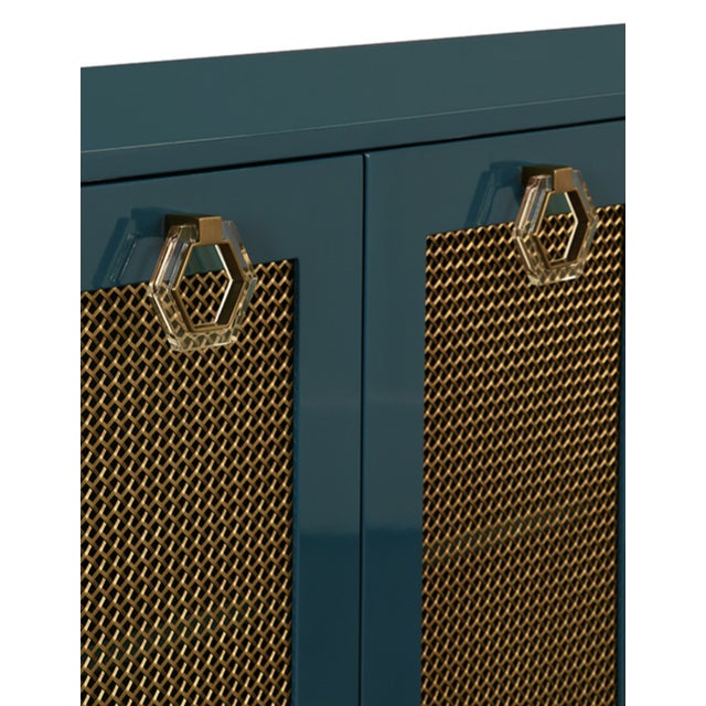 Contemporary Matthew Izzo Home Marcella Glossy Teal Lacquer Four Door Buffet With Brass Mesh Doors and Acrylic Door Pulls For Sale - Image 3 of 7
