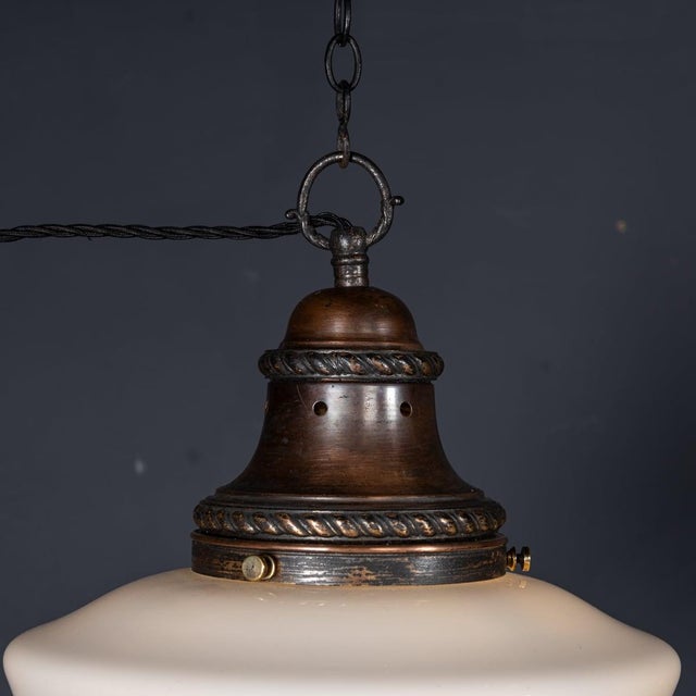 Metal Vintage 20th Century English White Opaque Glass & Copper Pendant Light, 1930s For Sale - Image 7 of 10