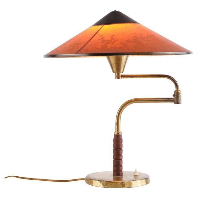 Metal Table Lamp with Swing Arm in Patinated Brass with Amber Shade from Lyfa, 1930s For Sale - Image 7 of 7