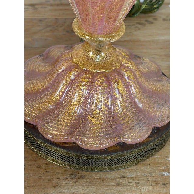Mid 20th Century Murano Pink and Gold Glass Table Lamps W/ Coordinating Parchment Shades - a Pair For Sale - Image 10 of 16