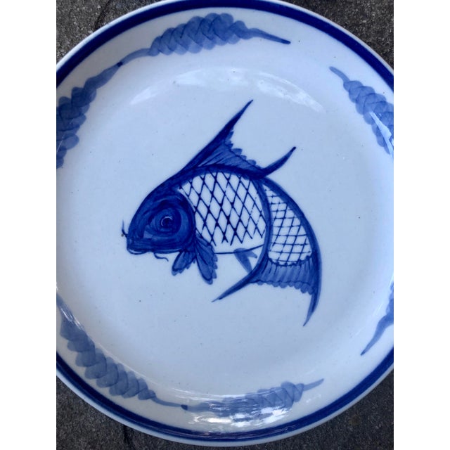 Mid 20th Century Japanese Hand Painted Koi Fish Ceramic Plates in Blue and White Set of 4