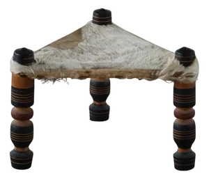 Vintage African Handmade Triangular 3-Legged Stool with Cowhide Seat, 1940s
