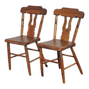 Vintage 1900s Plank Seat Farm Chairs - a Pair