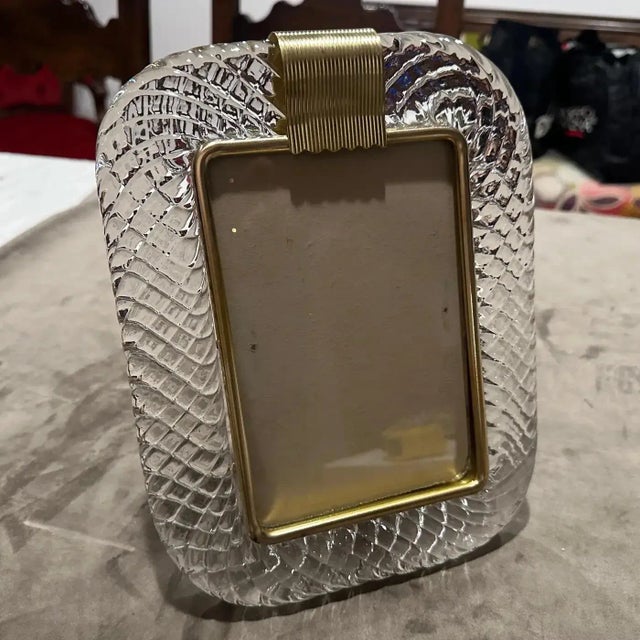Mid-Century Modern 1990s Barovier Style Art Deco Clear Murano Glass and Brass Picture Frame For Sale - Image 3 of 11