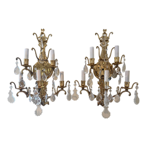 1950s Pair of Mid-Century Brass Wall Sconces 5 Light With 18 Prism Crystals Each, Made in Italy