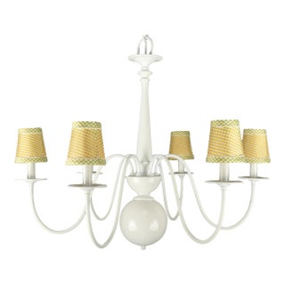 Restored Vintage Cottage White Steel Six Arm Chandelier For Sale