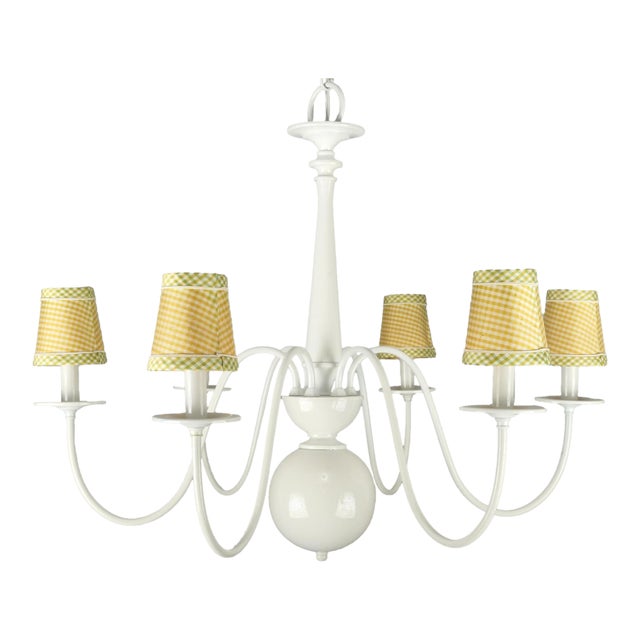 Restored Vintage Cottage White Steel Six Arm Chandelier For Sale