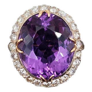 16.00 Ct Vintage Amethyst & Diamond Ring Size 7.5 For Sale