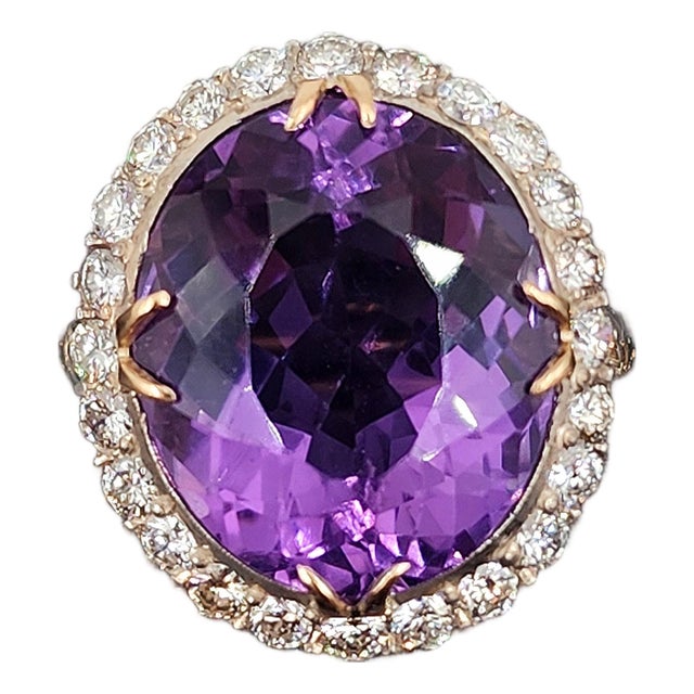 16.00 Ct Vintage Amethyst & Diamond Ring Size 7.5 For Sale
