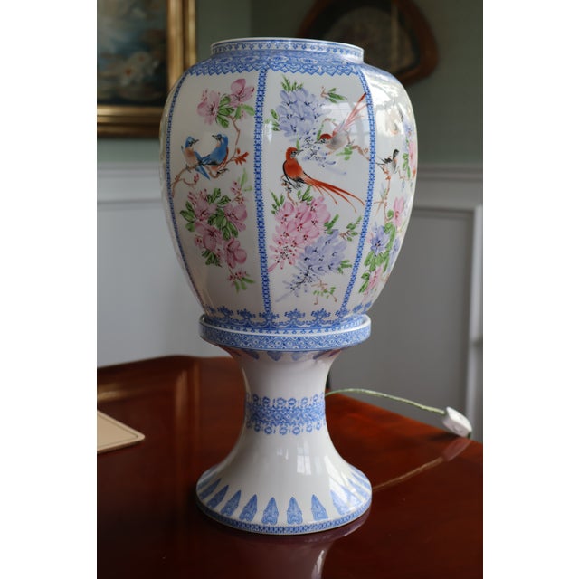 Vintage Jingdezhen Hand-Painted Eggshell Porcelain Bird-and-Flower Lantern Lamp For Sale - Image 9 of 18