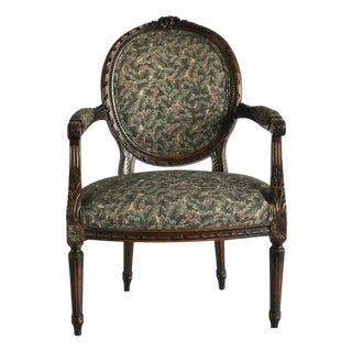 Vintage French Louis XVI Style Carved Walnut Fireside Arm Chair Fauteuil For Sale