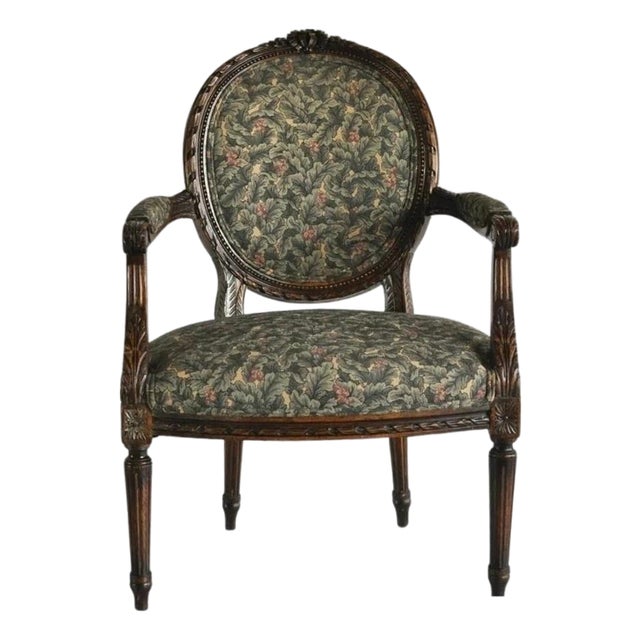 Vintage French Louis XVI Style Carved Walnut Fireside Arm Chair Fauteuil For Sale