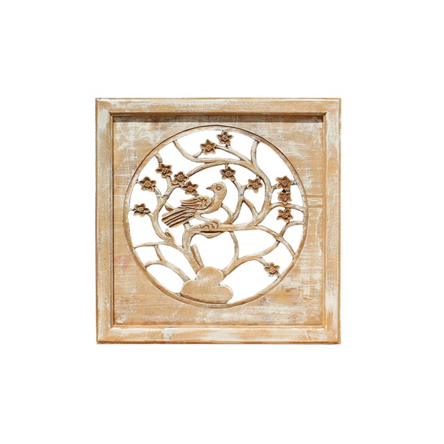Off White Wash Lacquer Chinese Birds & Flowers Square Wall Panel For Sale