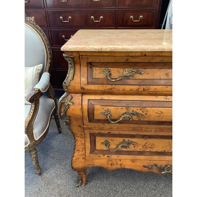 1970s French Style Walnut Bombe Chest With Marble Top, Ormolu Pulls and Escutcheons For Sale - Image 11 of 12