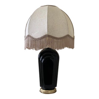 Vintage Art Deco Nouveau Black Table Lamp With Fringe Shade For Sale