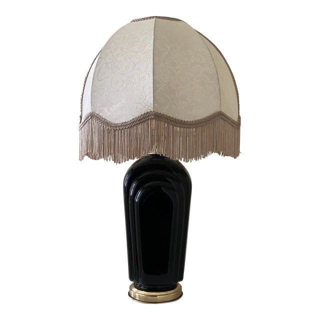 Vintage Art Deco Nouveau Black Table Lamp With Fringe Shade For Sale