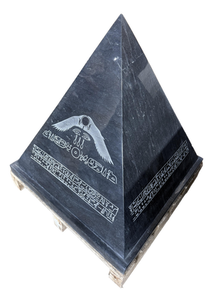 Black Granite Egyptian Revival Pyramid Sculpture with Engraved Hieroglyphic
